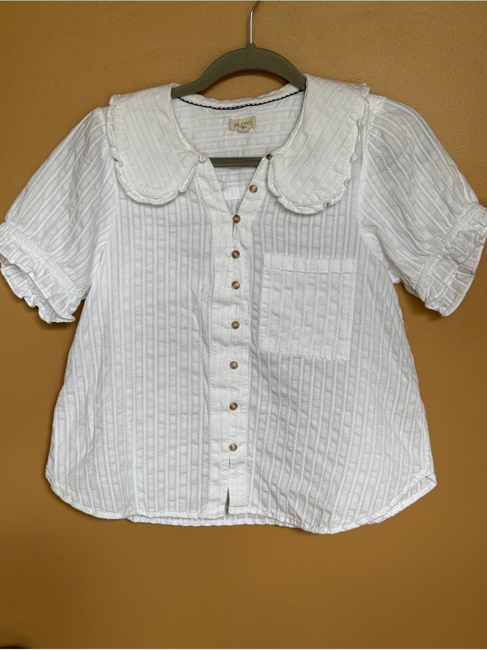 Anthropologie Pilcro White Textured Button-Up Blouse with Scalloped Collar NWOT